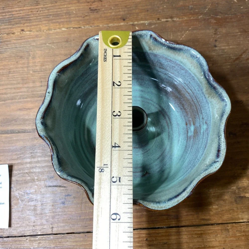 Studio Pottery Ceramic Apple Bread Baker Bundt Pan Scalloped Green Glaze 7in